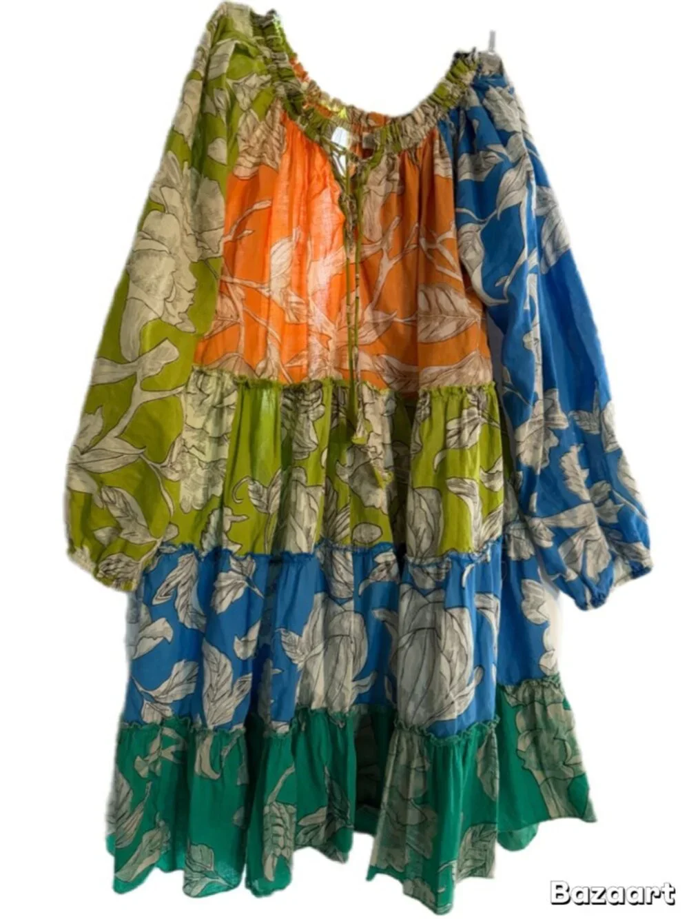 Velzera Colorblock Tropical Floral Cotton Boho Tunic Dress S/M - Picture 2 of 7